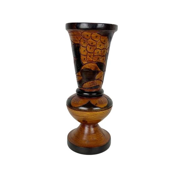 Vintage Hand Carved Wooden Vase Floral Leaves Made in Mexico 12.5" Boho - Picture 1 of 7